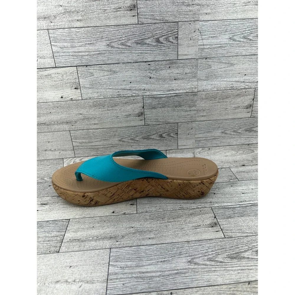 Crocs A-Leigh Leather Platform Flip Flop Wedge Sandals Turquoise Womens 8 14933